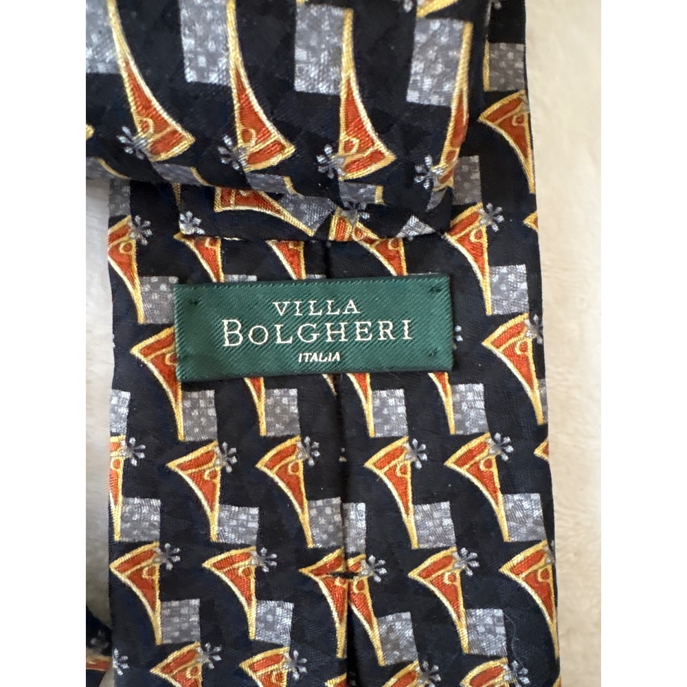Villa Bolgheri Italia Mens Silk Tie Black Gold Silver Geometric Abstract Italy - Picture 4 of 5